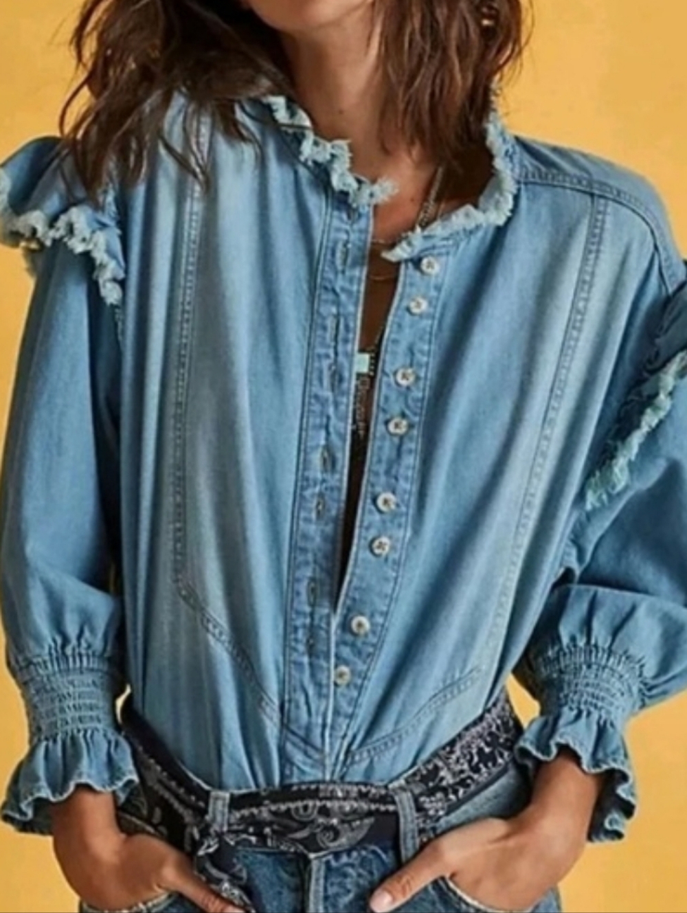 We The Free Women's Louise Denim Top - Light Blue BNWT
